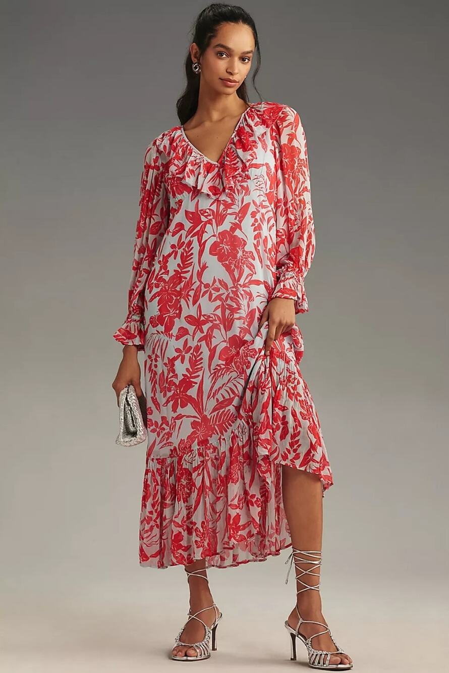 New By Anthropologie Long-Sleeve V-Neck Chiffon Ruffle Midi Dress $168 MEDIUM